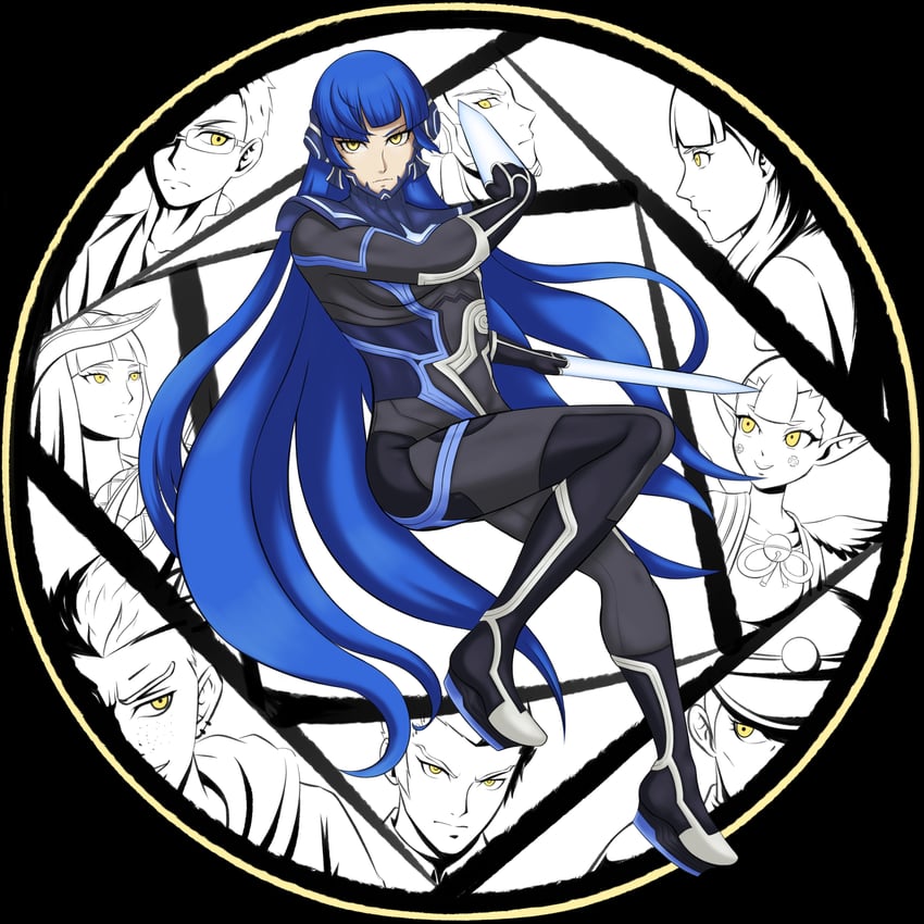 protagonist, amanozako, isonokami tao, aogami, atsuta miyazu, and 4 more (shin megami tensei and 1 more) drawn by ememtrp