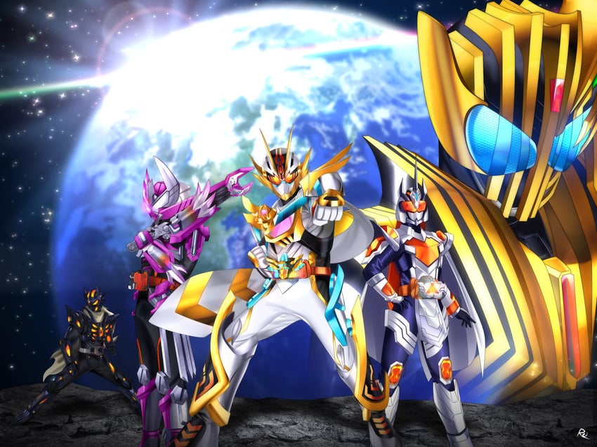 kamen rider gotchard, kamen rider majade, kamen rider legend, kamen rider dread, kamen rider valvarad, and 2 more (kamen rider and 2 more) drawn by reiei_8