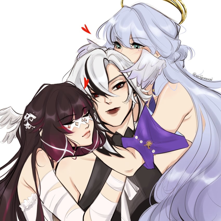 arlecchino, robin, and columbina (genshin impact and 3 more) drawn by seijousai