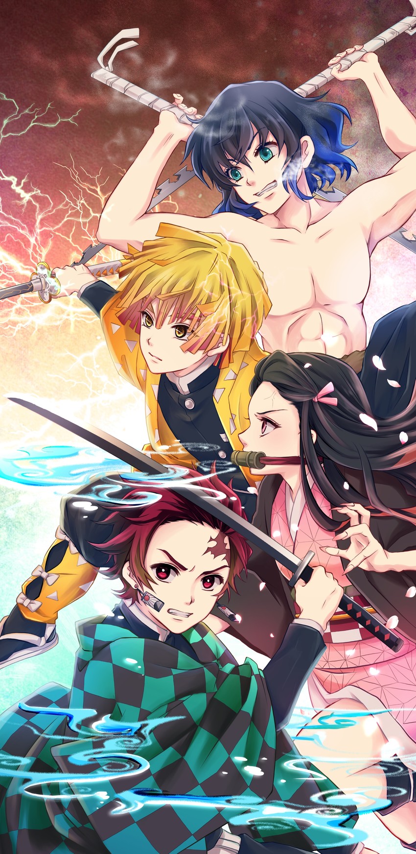 kamado nezuko, kamado tanjirou, agatsuma zenitsu, and hashibira inosuke (kimetsu no yaiba) drawn by kumaru_ayaka