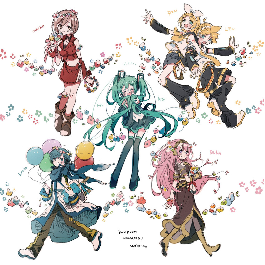 hatsune miku, kagamine rin, kagamine len, megurine luka, kaito, and 1 more (vocaloid) drawn by hazime