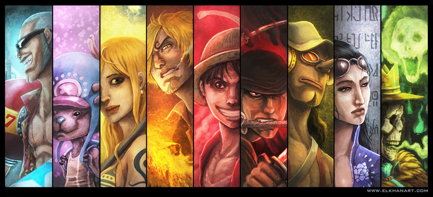 nami, monkey d. luffy, nico robin, roronoa zoro, sanji, and 4 more (one piece) drawn by elkhanart
