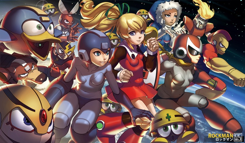 roll, mega man, proto man, met, rush, and 7 more (mega man and 1 more) drawn by dcwj