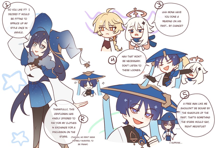scaramouche, aether, wanderer, mona, and paimon (genshin impact) drawn by sgrimp