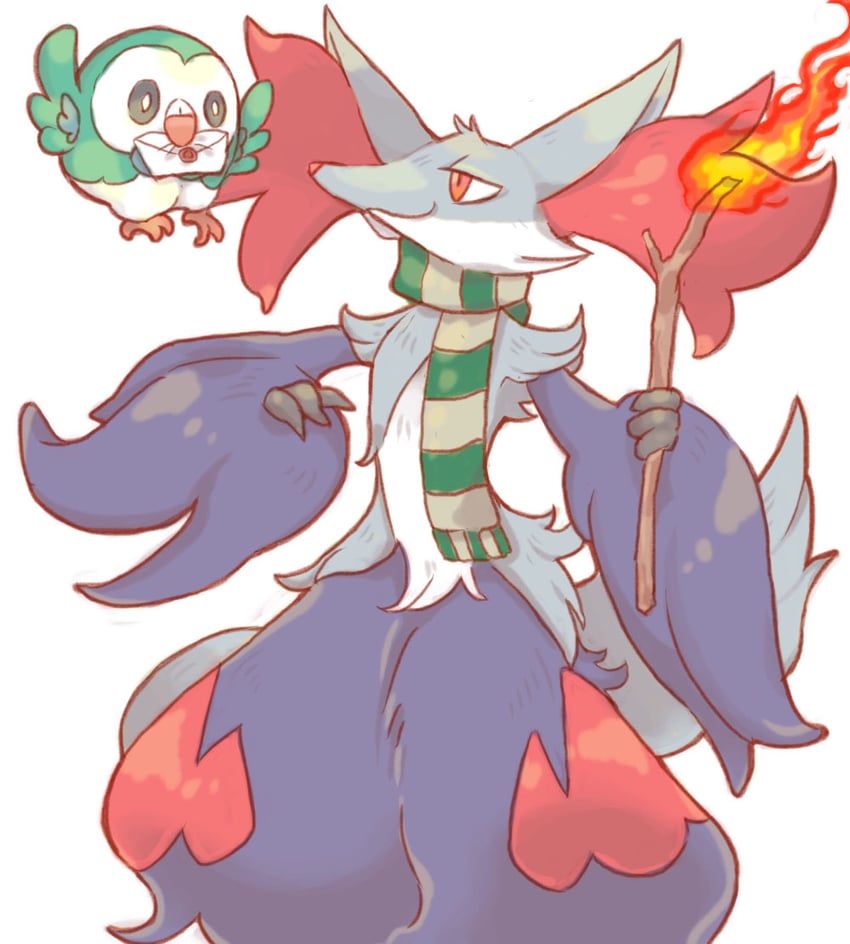 rowlet and delphox (pokemon and 2 more) drawn by akadako