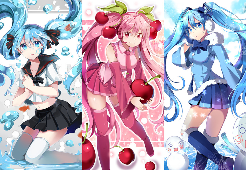 hatsune miku, yuki miku, sakura miku, and bottle miku (vocaloid) drawn by chocho_(homelessfox)