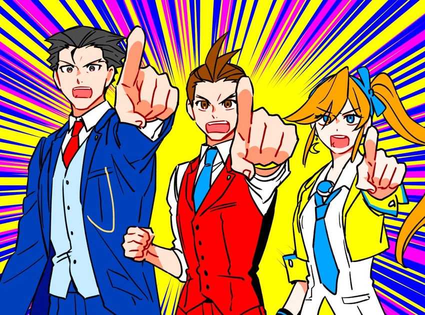 phoenix wright, apollo justice, and athena cykes (ace attorney and 1 more) drawn by cherryekdyd