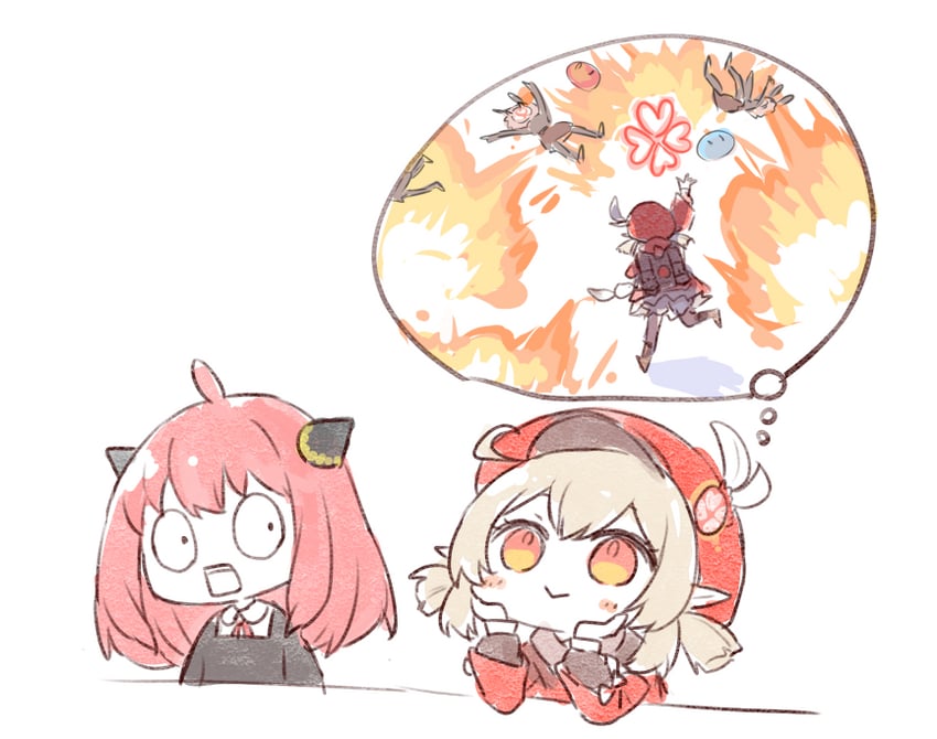 klee, anya, slime, and hilichurl (genshin impact and 1 more) drawn by himeko_(nico6v6pachi)