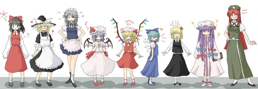 hakurei reimu, kirisame marisa, remilia scarlet, flandre scarlet, izayoi sakuya, and 4 more (touhou and 1 more) drawn by akatuki_(yamina)