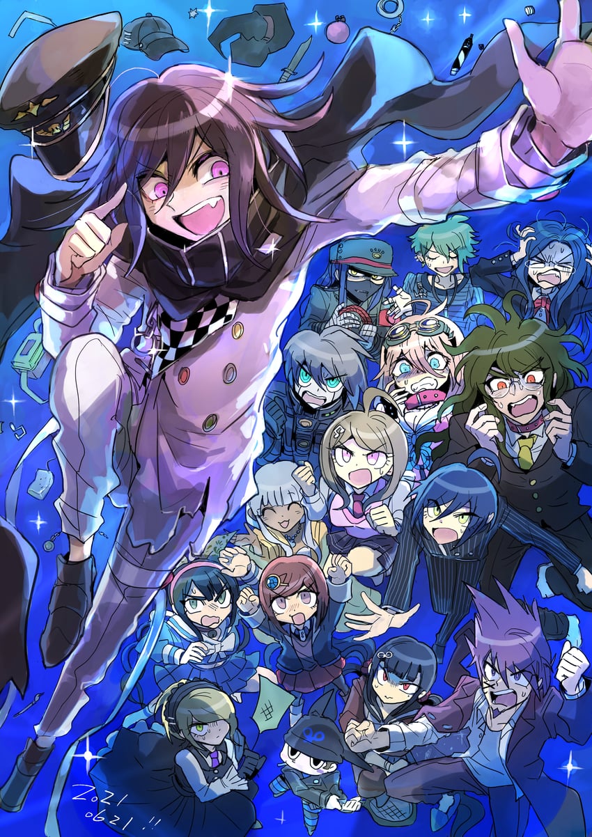 oma kokichi, saihara shuichi, akamatsu kaede, harukawa maki, momota kaito, and 11 more (danganronpa and 1 more) drawn by kumakoro_(tetsupag)
