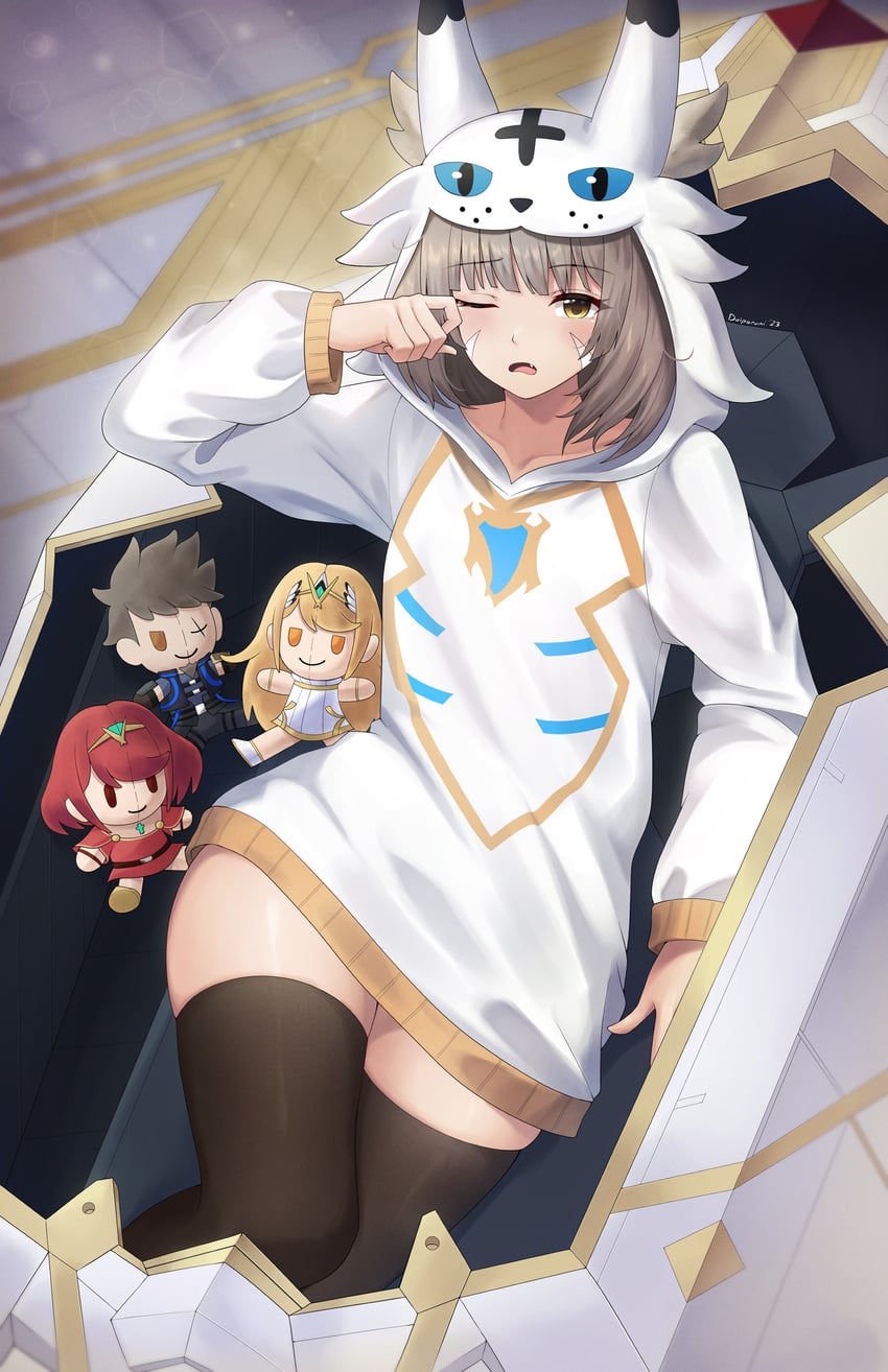 pyra, mythra, nia, rex, and dromarch (xenoblade chronicles and 3 more) drawn by doiparuni