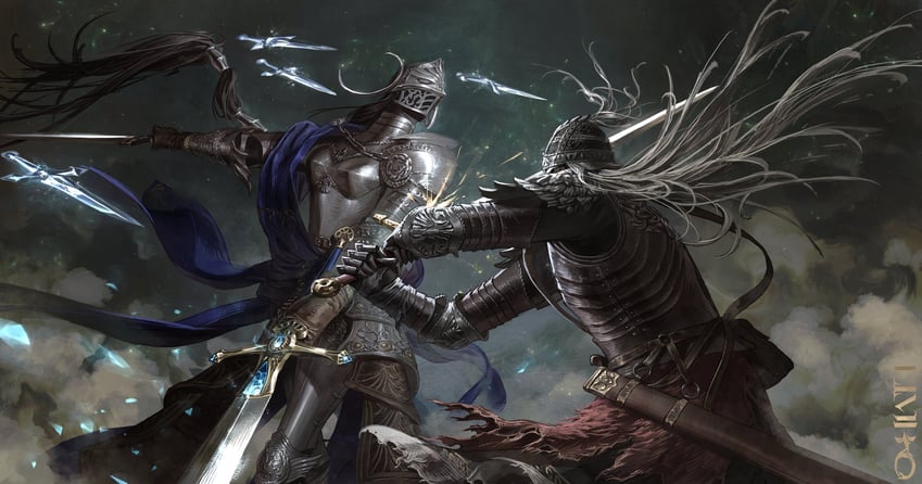 tarnished, bloody wolf, and rellana twin moon knight (elden ring and 1 more) drawn by ofthelimbo