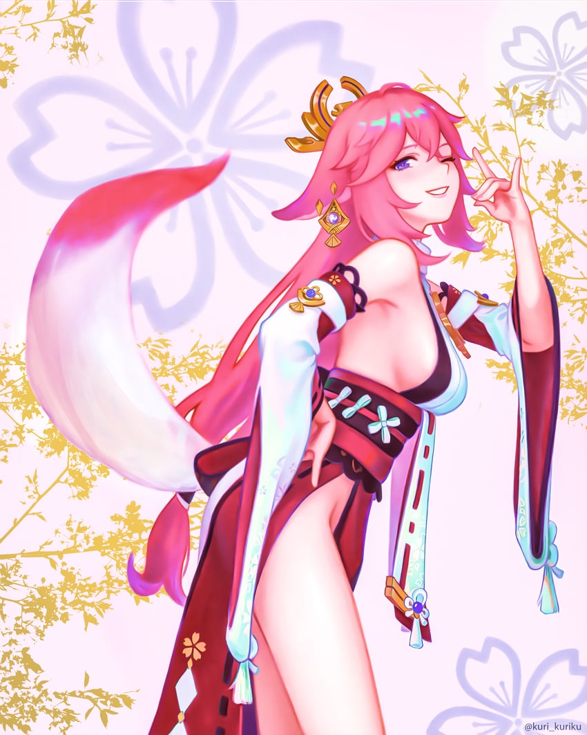 yae miko (genshin impact) drawn by kuri_kuriku and thahalfweeb