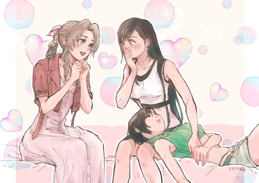 tifa lockhart, aerith gainsborough, and yuffie kisaragi (final fantasy and 3 more) drawn by ninnin5tora
