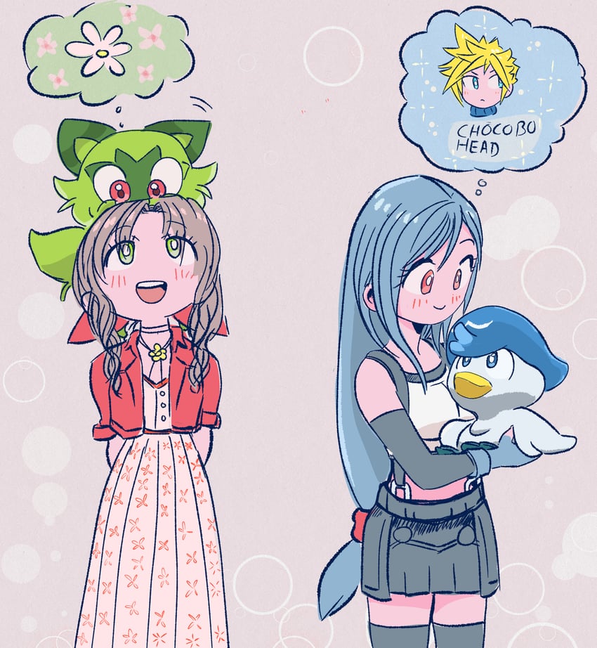tifa lockhart, cloud strife, aerith gainsborough, sprigatito, and quaxly (pokemon and 3 more) drawn by hugo_artist