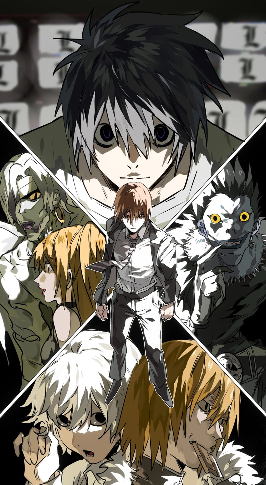 yagami light, l, amane misa, ryuk, near, and 2 more (death note) drawn by xi_luo_an_ya