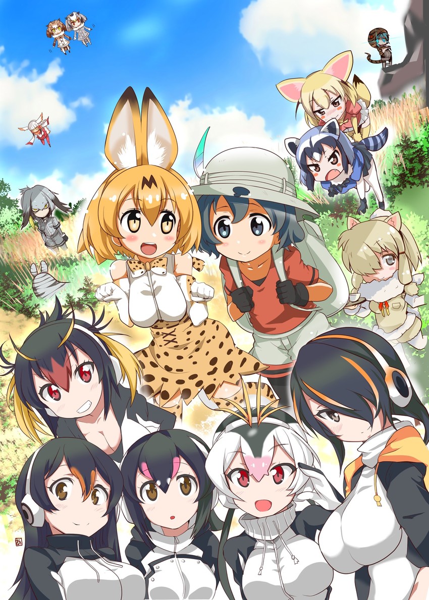 serval, kaban, common raccoon, fennec, shoebill, and 12 more (kemono friends) drawn by aoi_manabu