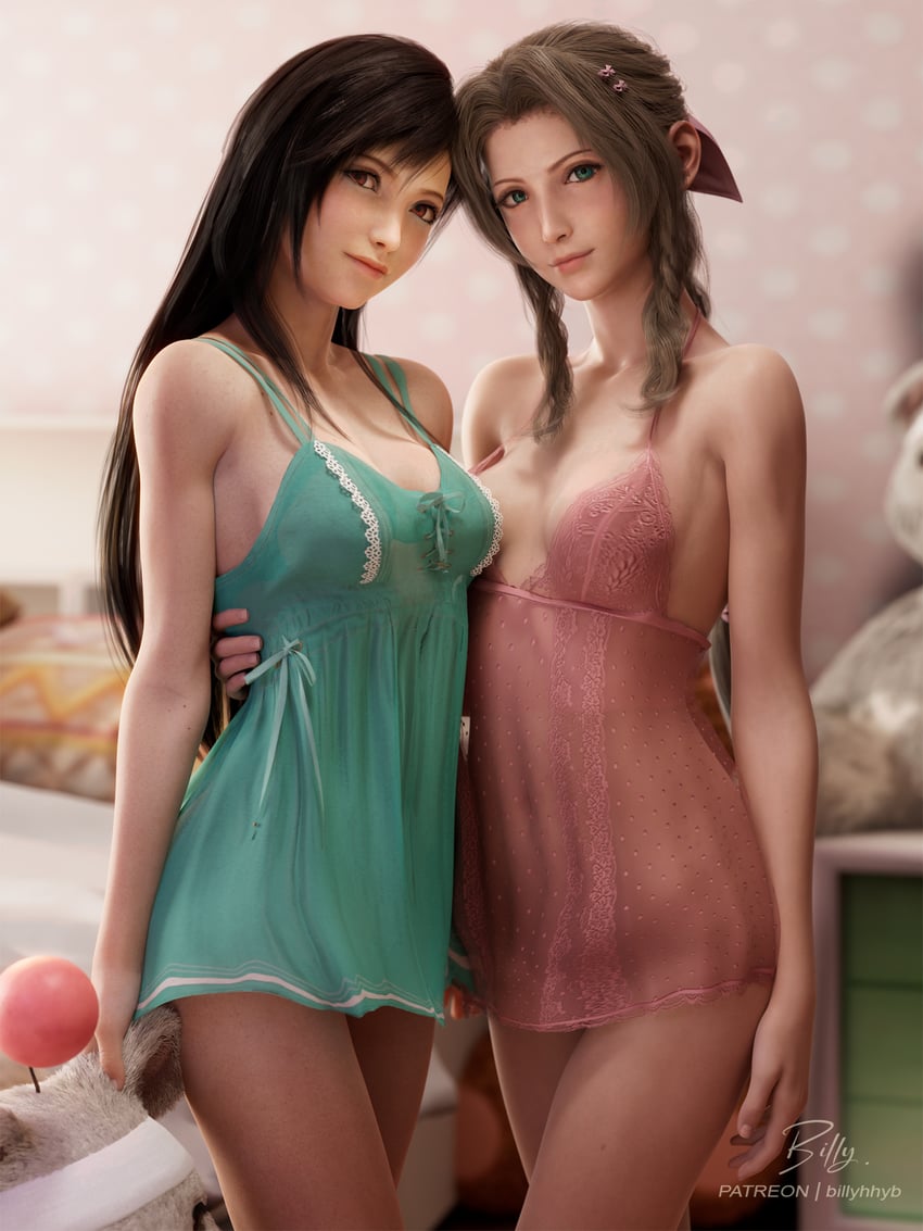 tifa lockhart, aerith gainsborough, and moogle (final fantasy and 2 more) drawn by billyhhyb