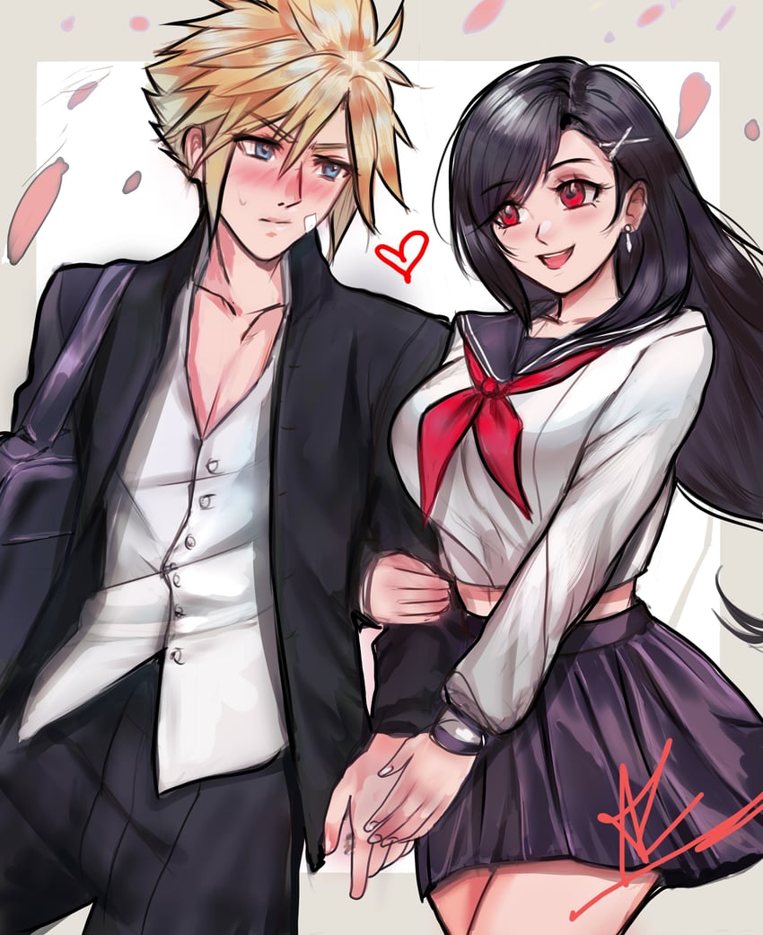 tifa lockhart and cloud strife (final fantasy and 2 more) drawn by arialla_draws