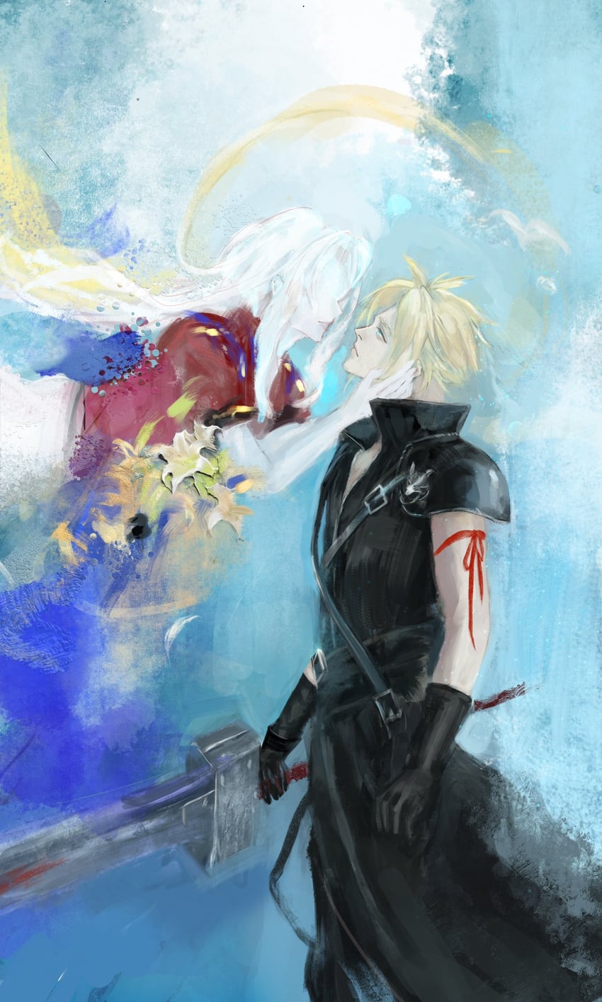 cloud strife, aerith gainsborough, and fenrir (final fantasy and 2 more) drawn by essmusein254