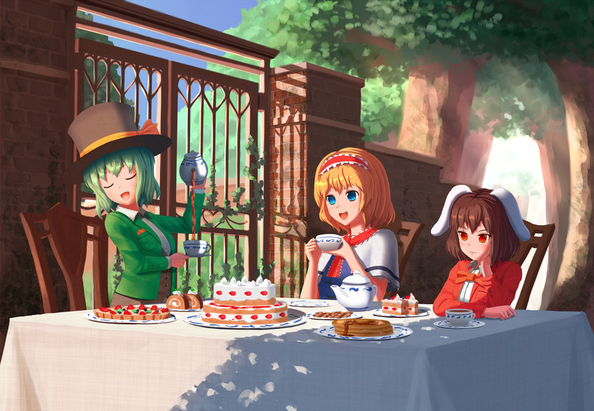 komeiji koishi, alice margatroid, inaba tewi, mad hatter, and march hare (touhou and 1 more) drawn by aletto-mikan
