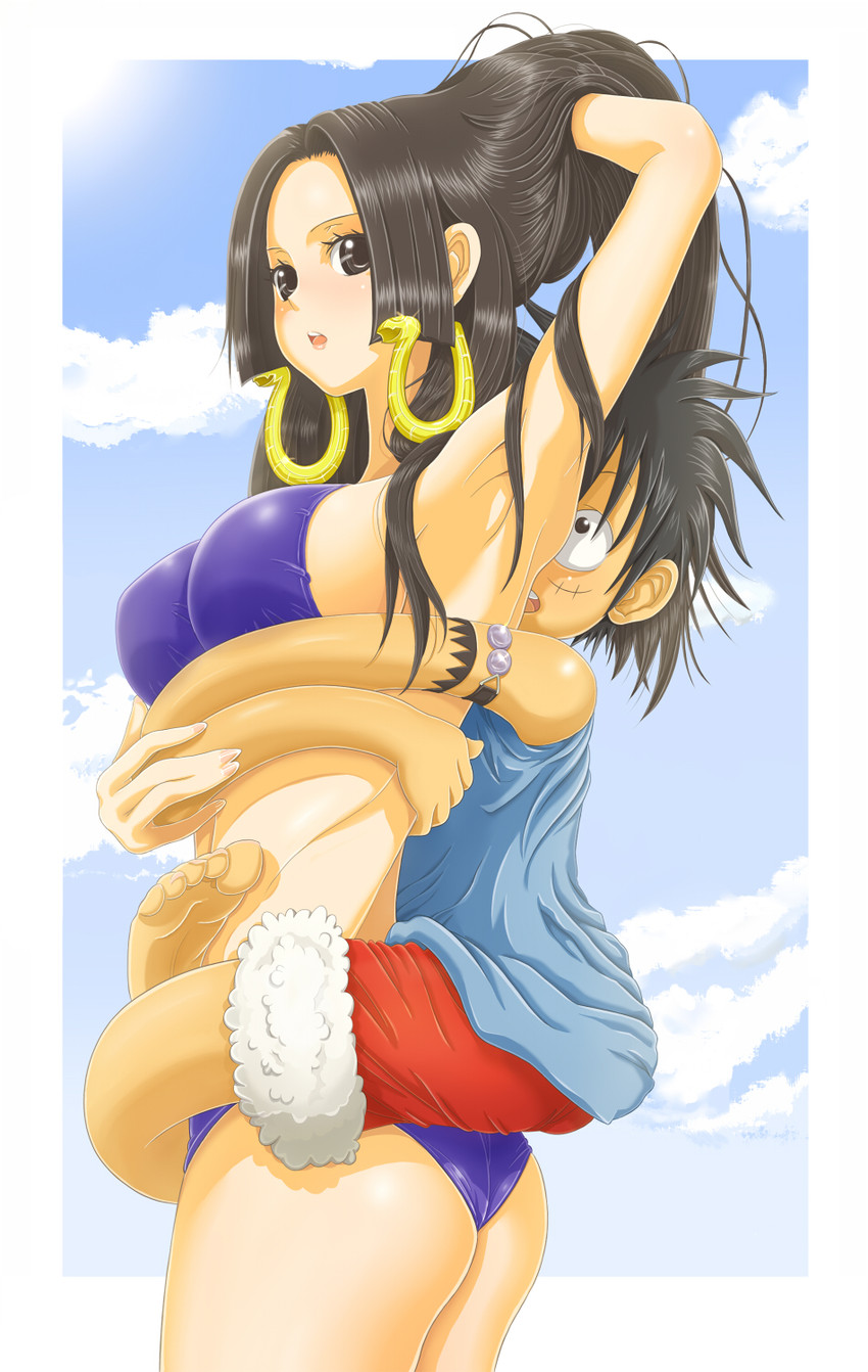 monkey d. luffy and boa hancock (one piece) drawn by mojanosuke
