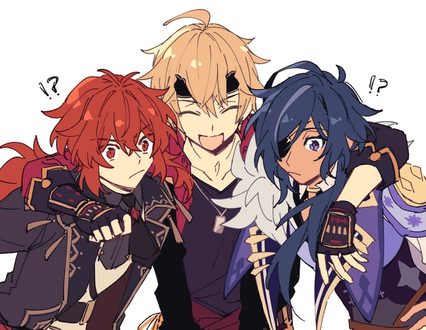 diluc, kaeya, and thoma (genshin impact) drawn by jagaimo_(kakkoiiosi5)