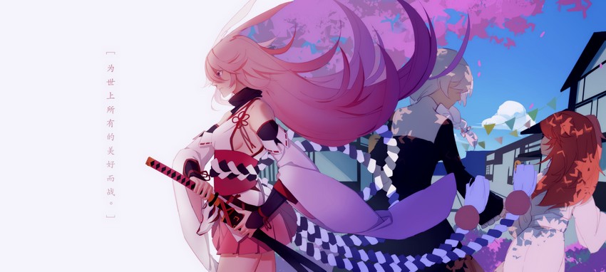 yae sakura, kallen kaslana, and yae rin (honkai and 1 more) drawn by blaise_(akigayakozato)