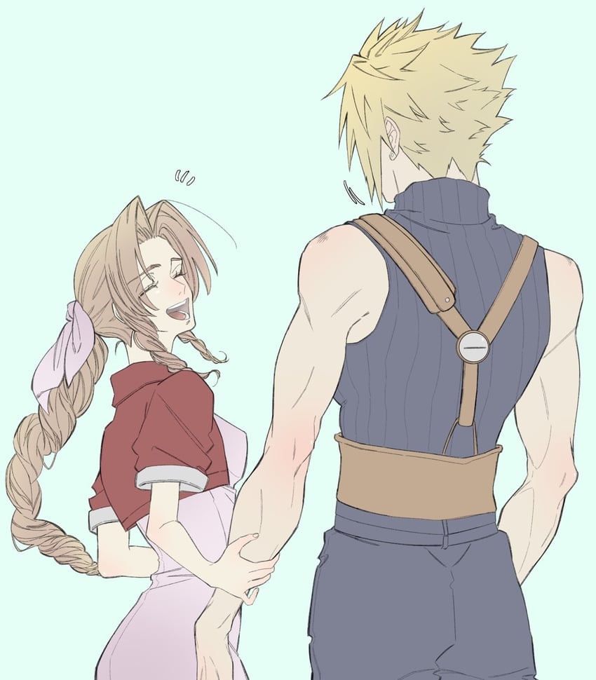 cloud strife and aerith gainsborough (final fantasy and 1 more) drawn by pon_yume