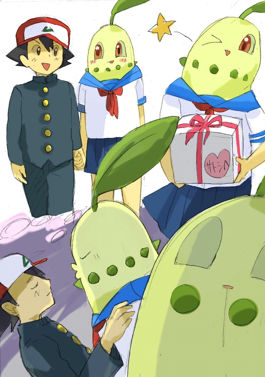ash ketchum and chikorita (pokemon) drawn by ichiichi_(nanno_koreshiki)
