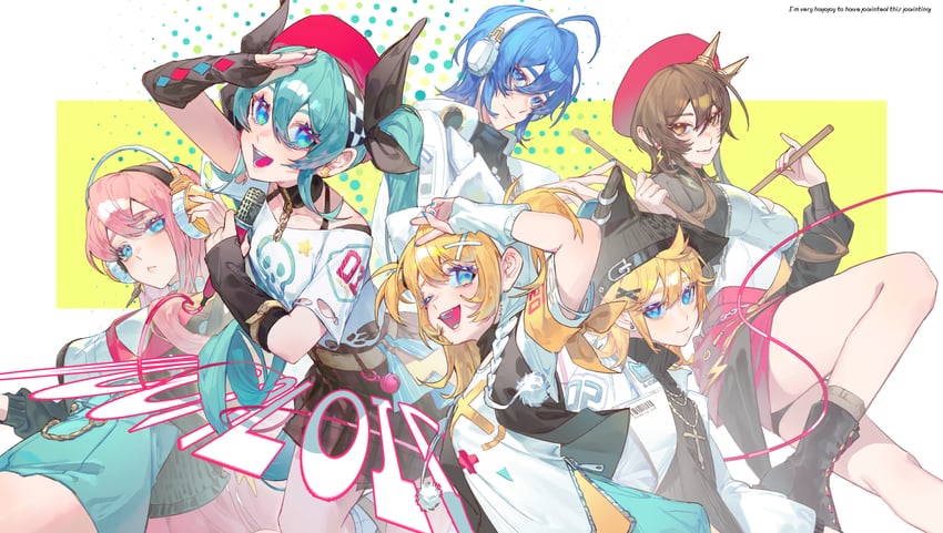 hatsune miku, kagamine rin, kagamine len, megurine luka, kaito, and 1 more (vocaloid) drawn by kako_(pixiv77158173)