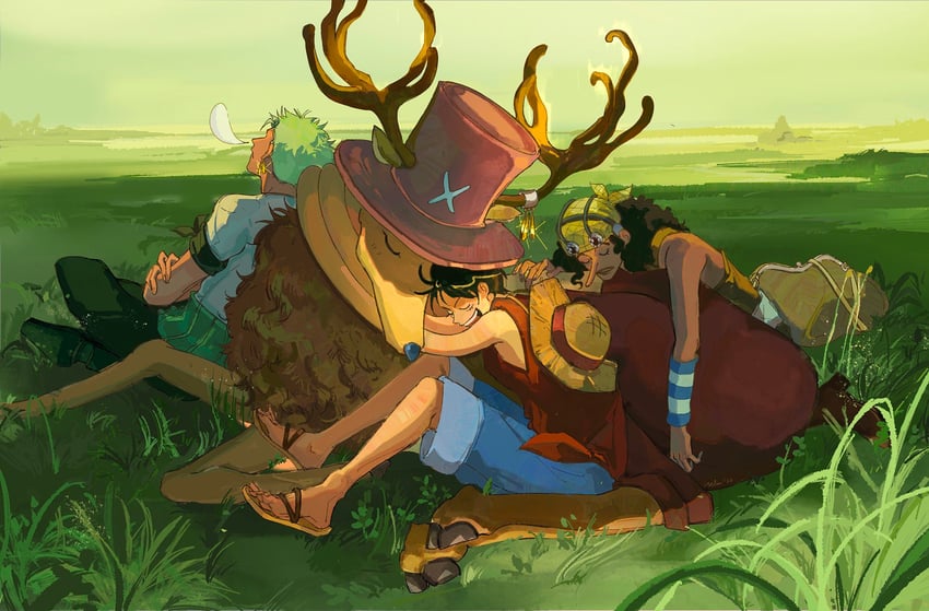 monkey d. luffy, roronoa zoro, tony tony chopper, and usopp (one piece) drawn by avenoirn
