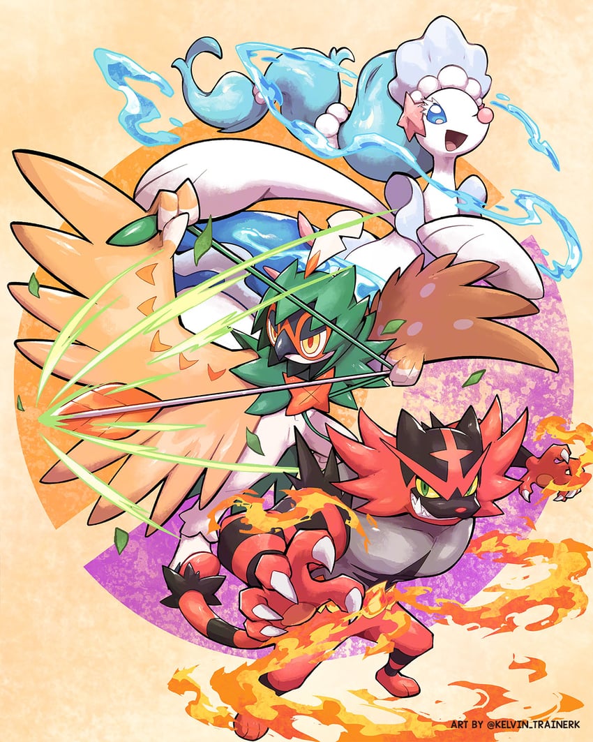 primarina, incineroar, and decidueye (pokemon) drawn by kelvin-trainerk