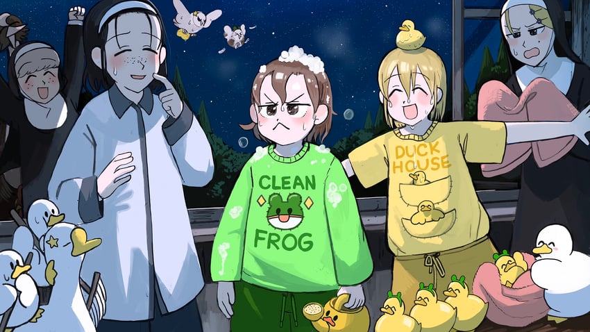 clumsy nun, froggy nun, strict nun, sheep nun, and freckles nun (little nuns) drawn by diva_(hyxpk)