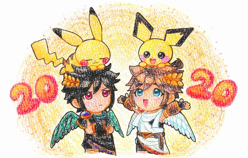 pikachu, pit, pichu, and dark pit (pokemon and 3 more) drawn by suruga_kanade