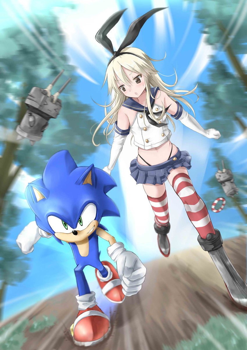 shimakaze, rensouhou-chan, and sonic the hedgehog (kantai collection and 1 more) drawn by inu_(mezonsidepark)