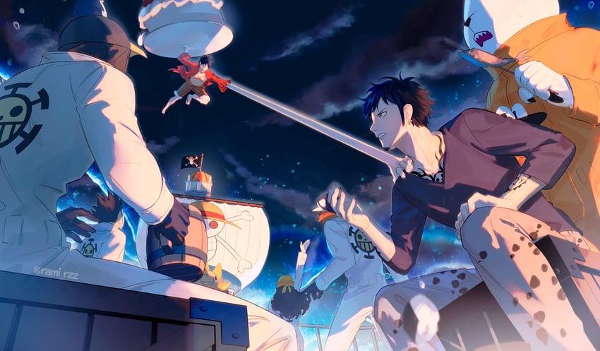 monkey d. luffy, trafalgar law, bepo, thousand sunny, penguin, and 3 more (one piece) drawn by rami_rz