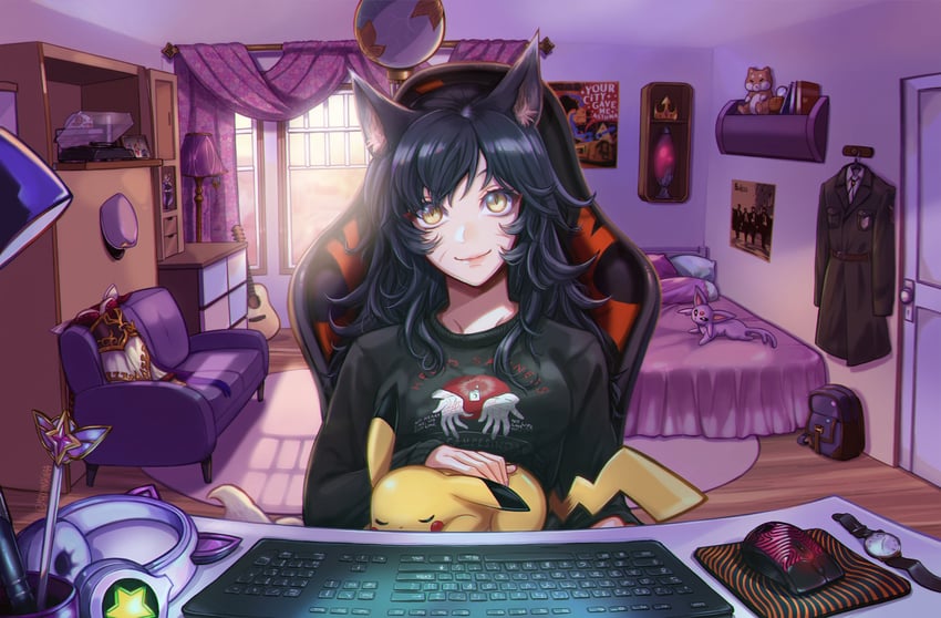 pikachu, ahri, espeon, and poro (pokemon and 1 more) drawn by shinaa_(maddynshinaa)