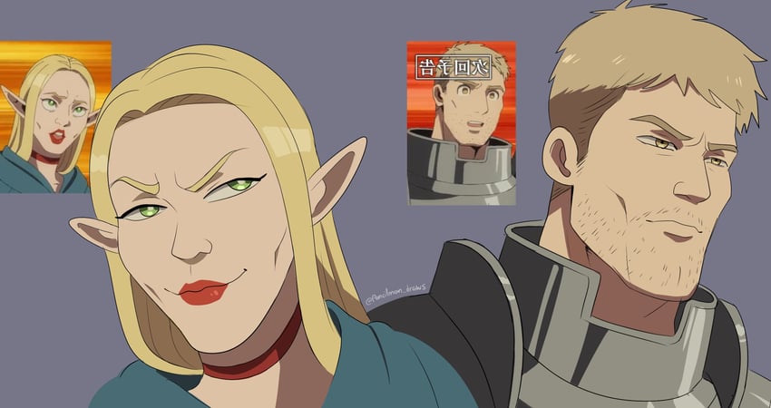 marcille donato, laios touden, shapeshifter, shapeshifter marcille, and shapeshifter laios (dungeon meshi) drawn by pencilman_draws