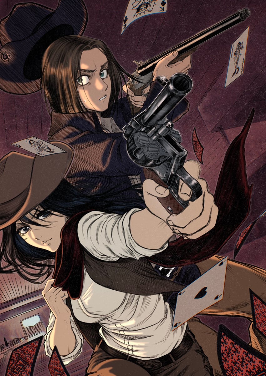 mikasa ackerman and eren yeager (shingeki no kyojin) drawn by hagane_no