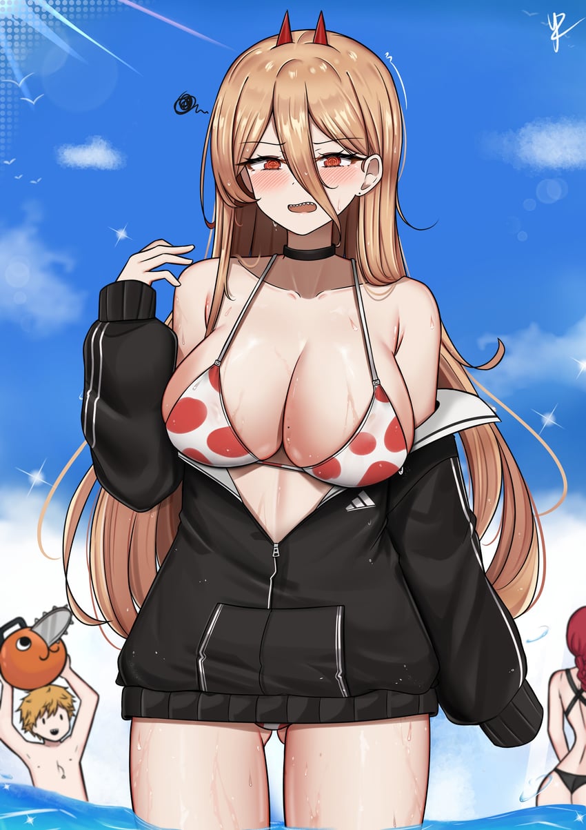 makima, power, denji, and pochita (chainsaw man) drawn by yukaraishin
