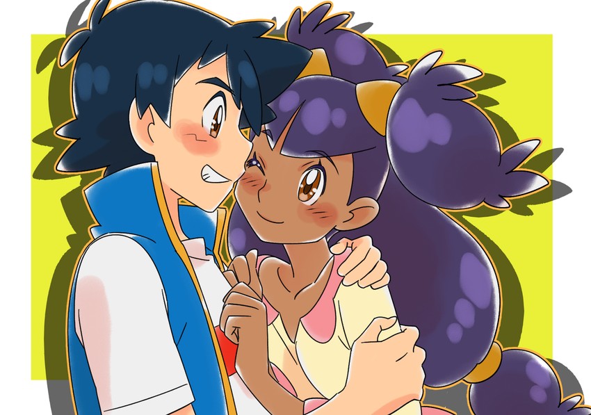 ash ketchum and iris (pokemon and 1 more) drawn by amada