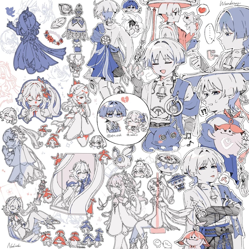 nahida, wanderer, slime, aranara, crystalfly, and 2 more (genshin impact) drawn by akt_eak and sena_ii
