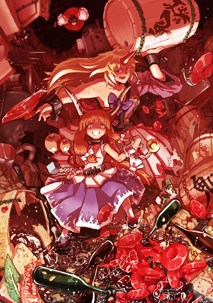 hakurei reimu, ibuki suika, and hoshiguma yuugi (touhou) drawn by sonjow4