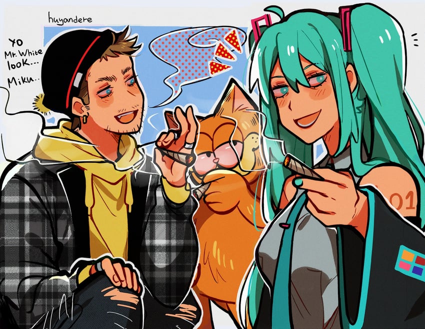 hatsune miku, garfield, and jesse pinkman (vocaloid and 2 more) drawn by huyandere