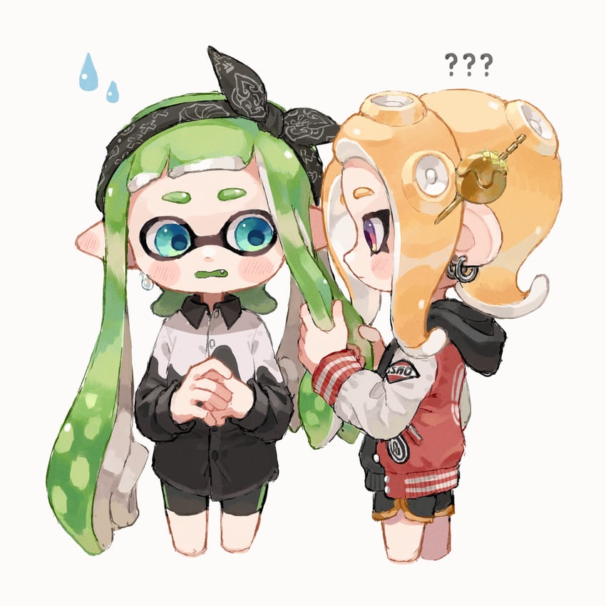 inkling player character, inkling girl, octoling player character, and octoling girl (splatoon) drawn by myon_rio