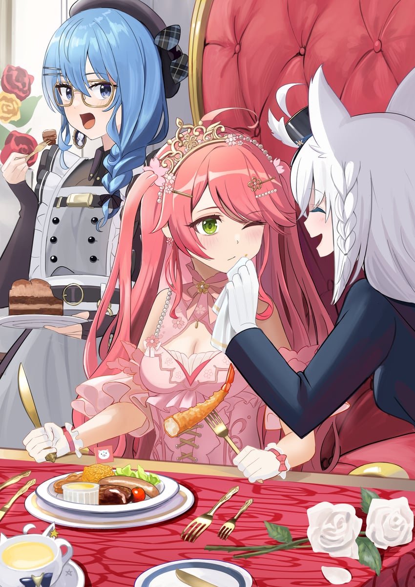 shirakami fubuki, hoshimachi suisei, and sakura miko (hololive) drawn by manjirou_(manji_illust)