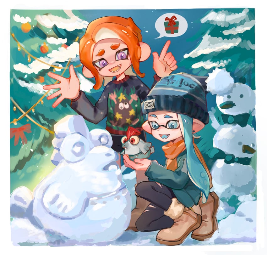 inkling player character, inkling girl, octoling player character, octoling girl, and smallfry (splatoon) drawn by feiguasang