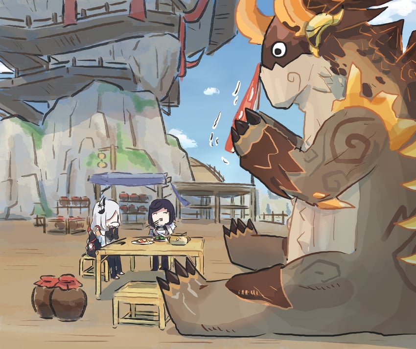 shenhe, yelan, and azhdaha (genshin impact) drawn by xinzoruo