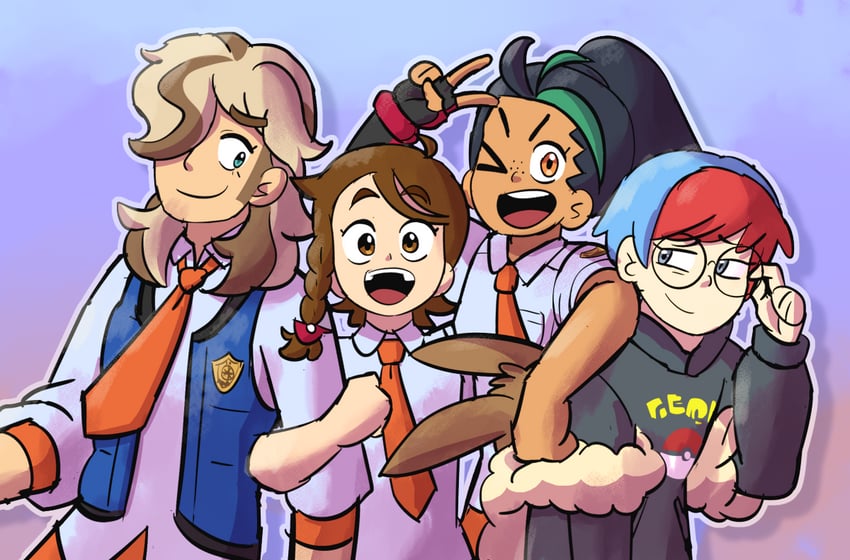 eevee, juliana, nemona, and arven (pokemon and 1 more) drawn by eggtempest